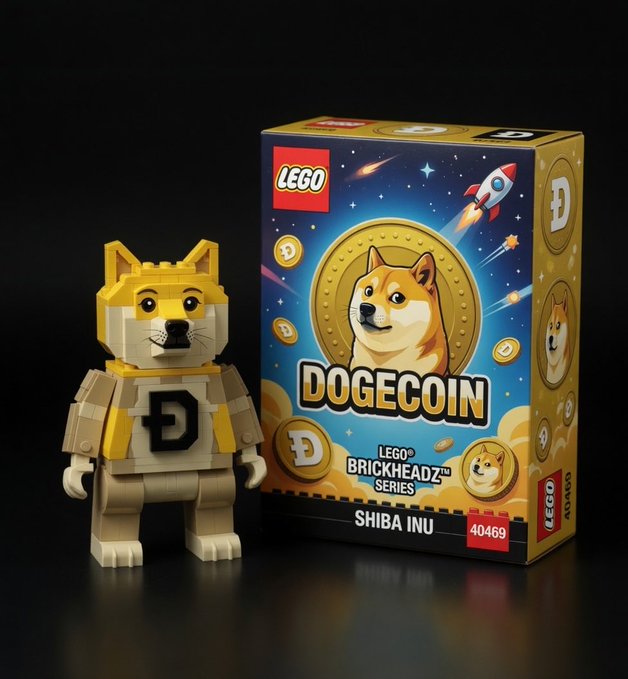 The image features a Lego figurine of a dog wearing a yellow shirt with "DOGE" written on it, standing next to a Lego box that contains a Shiba Inu figurine. The figurines are placed against a black background, making them stand out prominently in the scene. The post about the Legos reads: "When DOGE Legos? @LEGO_Group".