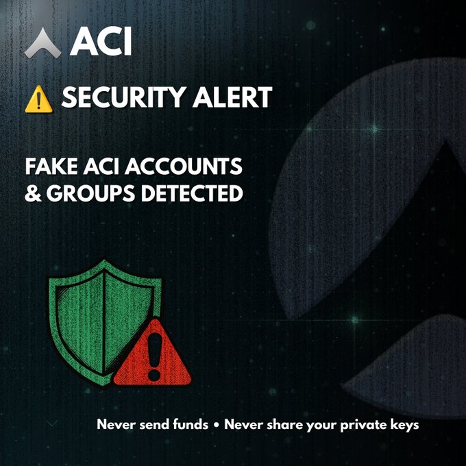A security advisory from ACI (Alchemy) warns users about fake accounts and groups, featuring a shield and warning icon with the text 'Never send funds • Never share your private keys.'