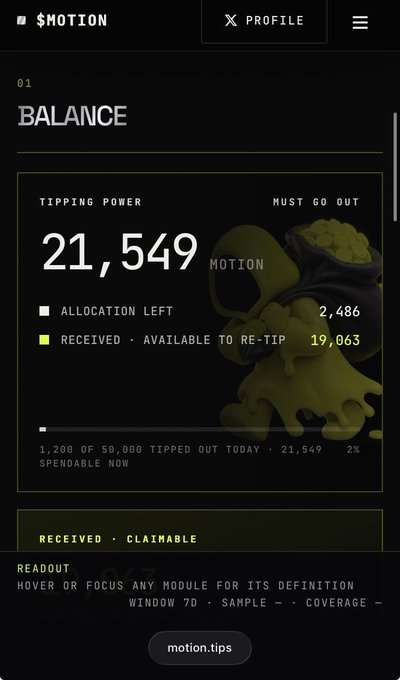 Screenshot of the Motion app balance page showing 21,549 MOTION in tipping power with 2,486 allocation left and 19,063 available to re-tip, from motion.tips.
