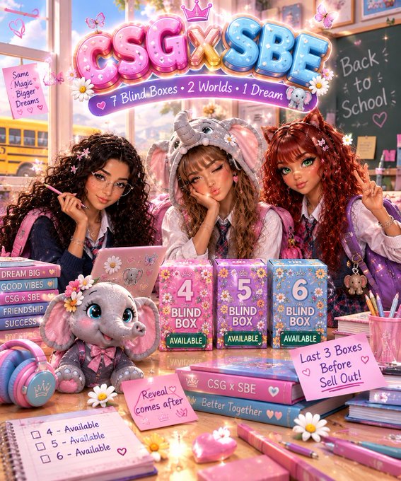 A colorful back-to-school themed promotional image titled 'CSG x SBE' featuring three stylized women with books, decorative blind boxes numbered 4, 5, and 6, and a plush elephant, with sticky notes reading 'Same Magic Bigger Dreams' and 'Last 3 Boxes Before Sell Out!'.