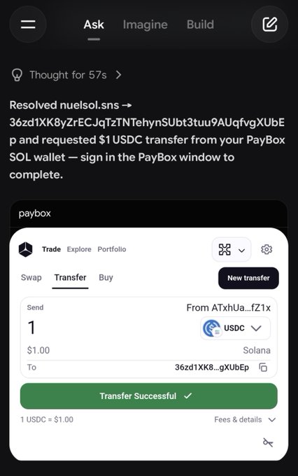 A mobile screenshot showing a crypto transaction interface with a PayBox Transfer Successful confirmation, displaying a $1 USDC transfer from wallet ATXhUa...fZ1x to address 36zd1XK8...gXUbEp on the Solana network, with text indicating the domain nuelsol.sns was resolved.