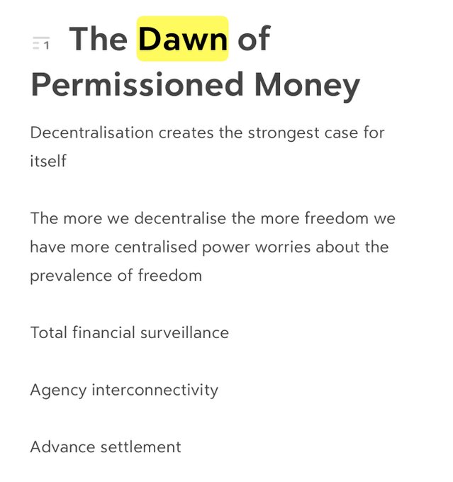 Text-based article snippet titled 'The Dawn of Permissioned Money' with the subheading 'Decentralisation creates the strongest case for itself'. The body text discusses the tension between decentralisation, centralised power, financial surveillance, agency interconnectivity, and advance settlement.