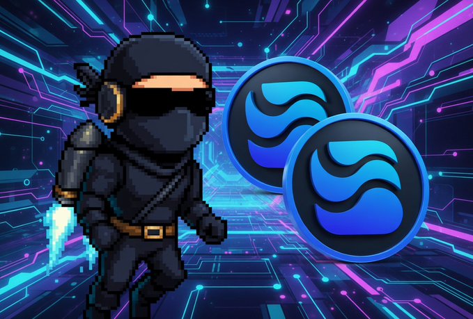 The image features two blue coins with a river symbol on them, surrounded by a futuristic digital environment that includes neon lights and computer codes. A character dressed as a ninja stands next to these coins, wearing a black mask and holding a sword. The caption below the image reads "River proves that a solid digital space project doesn't need constant marketing hype. Calm but consistent steps are far more valuable to me than empty promises. The $RIVER ecosystem offers a straightforward, no-nonsense approach to decision-making and social participation."