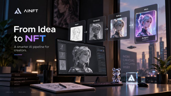 An advertisement for AINFT promoting 'From Idea to NFT' with a 4-step pipeline (Input, Generate, Refine, Mint) showing an AI art creation process.