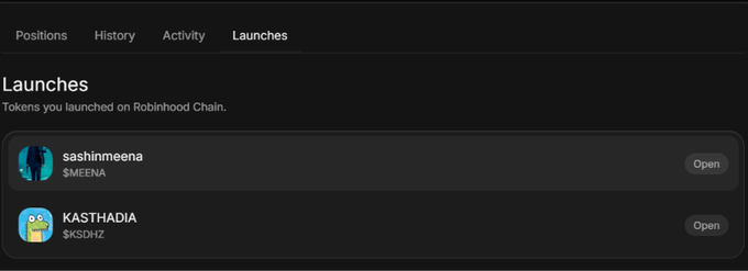 A dark-mode interface screenshot of a Robinhood profile showing the 'Launches' tab with tokens launched on Robinhood Chain, including $MEENA (sashinmeena) and $KSDHZ (KASTHADIA).