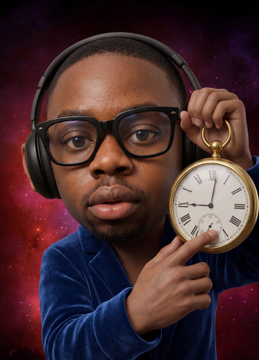 A portrait shows a man wearing glasses and headphones, holding up a gold pocket watch against a cosmic purple and pink background.