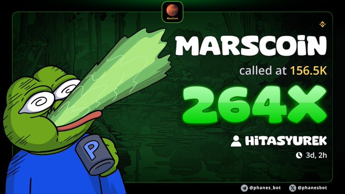 The image shows a meme featuring a Pepe frog character with a tree-like nose, alongside "MARSCOIN" being called at 156.5K with a 264X gain highlighted, credited to "HİTAŞYUREK." It aligns with the post's message about the dangers of chasing rotation trades with low capital, as the impressive 264X multiplier on MarsCoin illustrates the kind of high-stakes gains that can tempt traders into exhausting cycles of buying and selling rather than simply holding and believing.