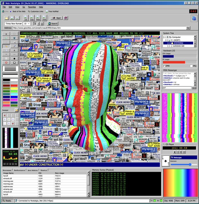 A digital glitch art piece styled as an old Web Nostalgia OS interface displaying a distorted, colorful human head surrounded by retro web advertisements.