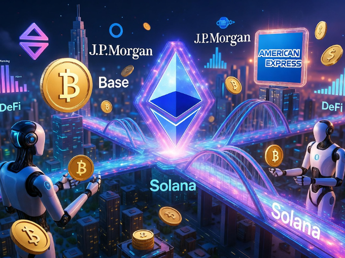 The image is a vibrant, futuristic digital illustration showcasing a glowing Ethereum logo at the center, surrounded by floating Bitcoin coins, a "Solana" bridge labeled across neon-lit highways, and branding for "Base," "J.P. Morgan," and "American Express," with two robots handling crypto coins against a neon cityscape—visually reinforcing the post's theme of major financial institutions like J.P. Morgan and American Express integrating with blockchain networks like Base and Solana for institutional and accessible crypto adoption.