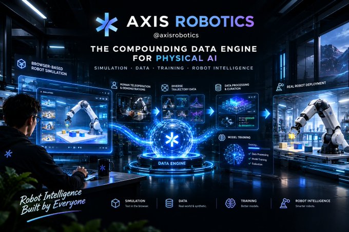 Promotional image for 'AXIS ROBOTICS' (@axisrobotics) titled 'THE COMPOUNDING DATA ENGINE FOR PHYSICAL AI,' showing a person at a workstation with simulations, data processing, model training, and real robot deployment.