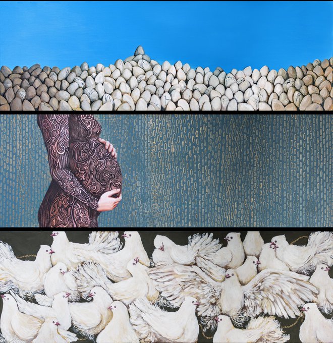 A three-panel surrealist painting: the top panel shows a pebble wall against a blue sky, the middle panel depicts a figure with an intricate, carved head resembling wood grain against a blue patterned background, and the bottom panel features a flock of white doves.