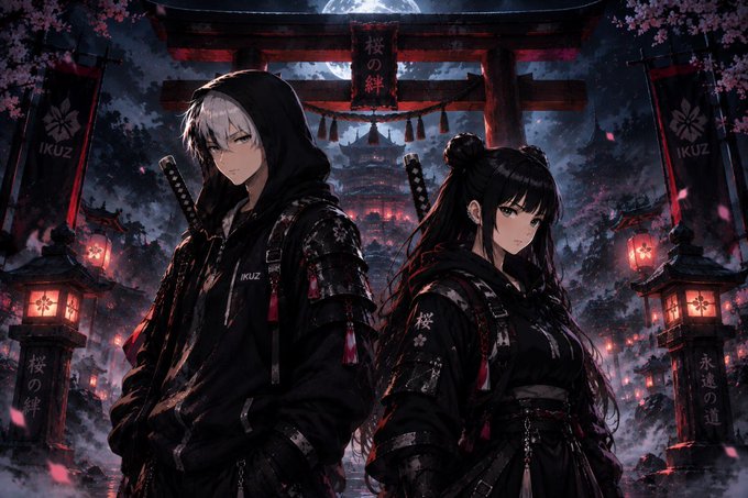 Anime-style artwork featuring two characters in dark ninja/samurai attire standing in front of a Japanese shrine with cherry blossoms and 'IKUZ' text on banners.