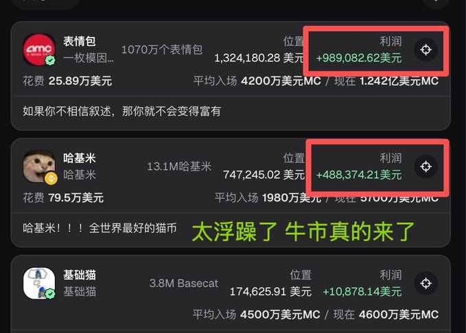 A dark-themed dashboard in Chinese showing meme coin statistics with large profit figures highlighted in red boxes, including '$+989,082.62' and '$+488,374.21'.