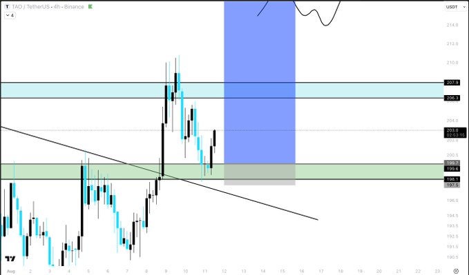 A 4-hour Binance chart for the TAO/TetherUS (TAOUSDT) trading pair shows a strong bullish breakout, with the price surging to around $205.7 from a key green support zone near $196-198, suggesting potential for further upward movement in line with the "fly" sentiment.