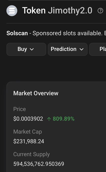 The image shows a Solscan token page for "Token Jimothy 2.0," displaying a Market Overview with a price of $0.0003902, up 809.89%, a market cap of $231,988.24, and a current supply of 594,536,762.95 tokens. The "2.0" in the token name visually reinforces the "2.0 meta" reference in the post, suggesting the post is highlighting this token as part of the latest version or iteration trend in the meme coin space.