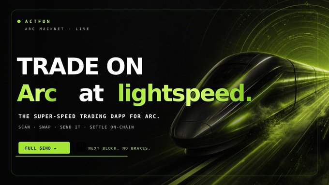 A promotional banner for ACTFUN reads "TRADE ON Arc at lightspeed. THE SUPER-SPEED TRADING DAPP FOR ARC. SCAN · SWAP · SEND IT · SETTLE ON-CHAIN" alongside a "FULL SEND" button and the tagline "NEXT BLOCK. NO BRAKES." next to a sleek green high-speed train.