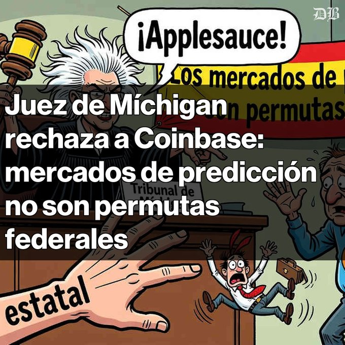 The image is an editorial cartoon showing a judge character with wild hair banging a gavel, declaring "¡Applesauce!" in a speech bubble, while a cartoon figure of a man carrying a briefcase runs away from a large hand labeled "estatal" (state) reaching toward him, with text reading "Juez de Míchigan rechaza a Coinbase: mercados de predicción no son permutas federales." The cartoon visually satirizes the Michigan judge's dismissal of Coinbase's motion, using the judge's colorful "applesauce" remark and imagery of state authority "grabbing" the fleeing businessman to represent the court's rejection of federal preemption claims over state regulation.