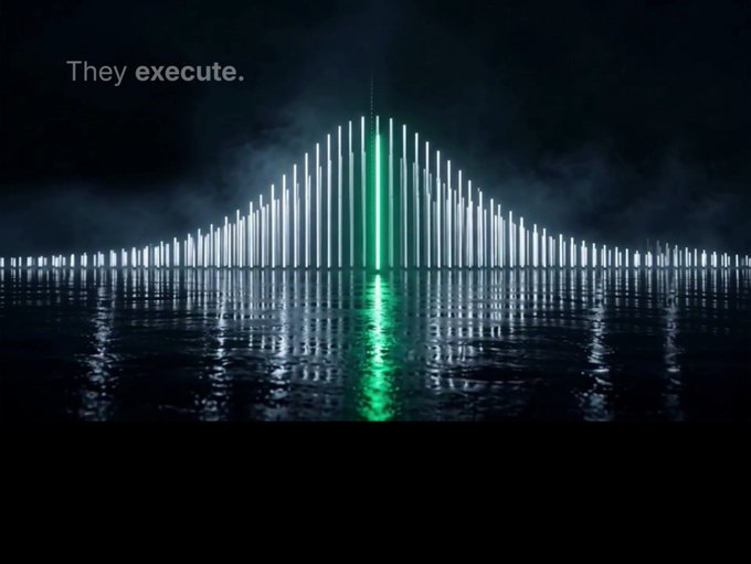 A dark, atmospheric image shows a triangular arrangement of illuminated vertical bars reflecting on water, with one central green bar and the text 'They execute.' in the upper left.