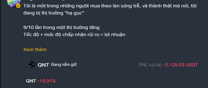 A screenshot in Vietnamese discusses being deceived by a 'shark,' mentioning holding ticker QNT with an unrealized loss of -$3,126.03 and -19.91%.
