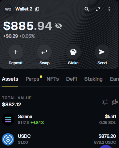 A crypto wallet screenshot showing a total balance of $885.94, with assets including 0.05 SOL ($5.91) and 876.2 USDC ($876.20), aligning with the post's $876 USDC wallet balance update.