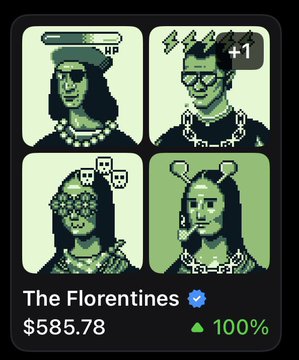 A digital collectible display titled "The Florentines" showing four pixel-art portraits in Renaissance style, priced at $585.78 with a 100% indicator and a verified checkmark.