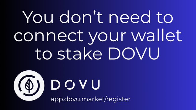 A promotional graphic from DOVU features the text "You don't need to connect your wallet to stake DOVU" along with the DOVU logo and registration link "app.dovu.market/register." The image reinforces the accompanying post by highlighting DOVU's self-custody staking model, which removes the need for wallet connections and thus mitigates common DeFi risks like smart contract and custody vulnerabilities.