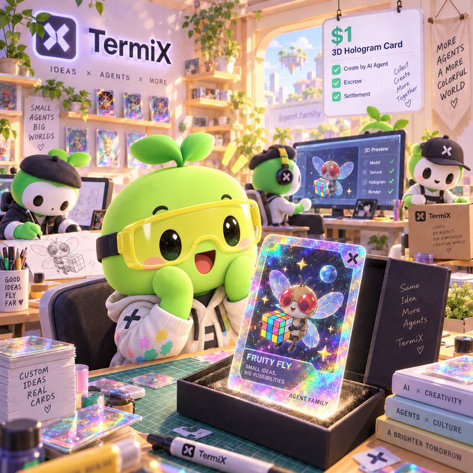 A promotional image for 'TermiX' featuring cute green cartoon characters in a workshop, with text about 'IDEAS × AGENTS × MORE', a '$1 3D Hologram Card', and a holographic card labeled 'FRUITY FLY'.