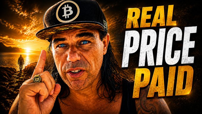 A man with striking blue eyes wearing a Bitcoin logo cap points upward against a dramatic sunset backdrop, with bold text reading "REAL PRICE PAID" — imagery promoting his YouTube video about the personal costs of leaving the system a decade ago.