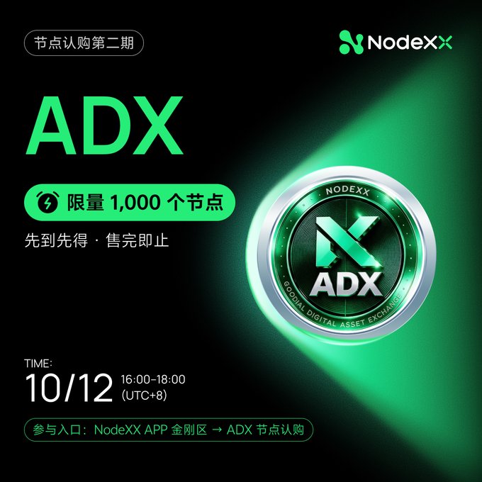 A promotional graphic for NodeXX's second phase ADX node subscription, featuring the NodeXX logo and a glowing green ADX token medallion with the text "NODEXX GLOBAL DIGITAL ASSET EXCHANGE." The image highlights key details including a limited offering of 1,000 nodes available on 10/12 from 16:00-18:00 (UTC+8), on a first-come-first-served basis, matching the accompanying announcement about the upcoming sale event.