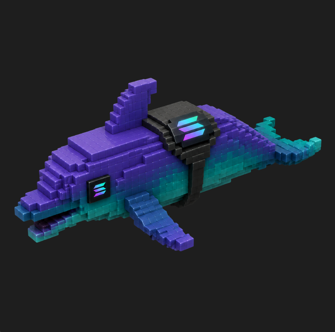 A 3D voxel/blocky rendering of a futuristic shark-like spacecraft or creature in purple-to-cyan gradient colors with a glowing Solana (SOL) logo emblem on its side and back.