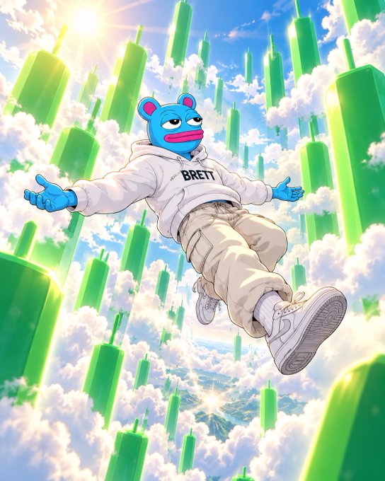 An animated illustration depicts a blue creature wearing a white "BRETT" hoodie, floating in a sky filled with clouds and green phone icons.