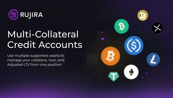 A RUJIRA promotional banner advertises 'Multi-Collateral Credit Accounts' with the tagline 'Use multiple supported assets to manage your collateral, loan, and Adjusted LTV from one position,' surrounded by cryptocurrency logos including BTC and ETH.