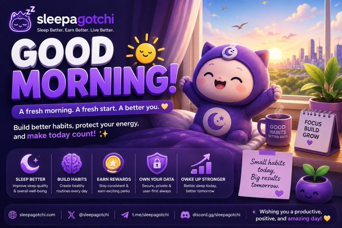 A vibrant "GOOD MORNING!" promotional graphic for "sleepagotchi" featuring a cute purple cat-like mascot on a bed, promoting features like "SLEEP BETTER," "BUILD HABITS," and "EARN REWARDS."