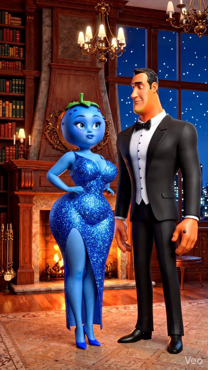 The image features a man dressed in a tuxedo standing next to a woman wearing a blue dress, both of them posing for a picture. The background includes a fireplace and several bookshelves filled with various books. The caption provided seems unrelated to the main subjects and does not provide any context or information about the image's content.