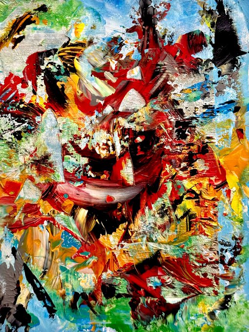A thickly textured, abstract expressionist painting featuring heavy palette knife strokes in vibrant reds, yellows, blues, greens, and blacks.
