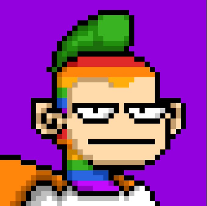 Pixel art style portrait of a character with rainbow-colored hair and a neutral expression on a purple background.