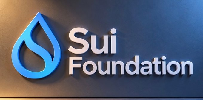 A logo sign for the 'Sui Foundation' featuring a blue water drop emblem next to white text on a dark wall.
