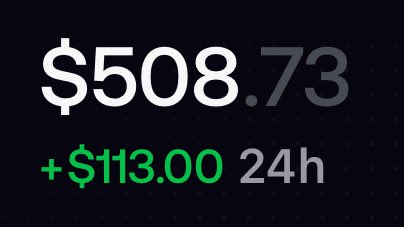 A dark screen displays a price of '$508.73' in white and gray text with a green change of '+$113.00 24h' below it.