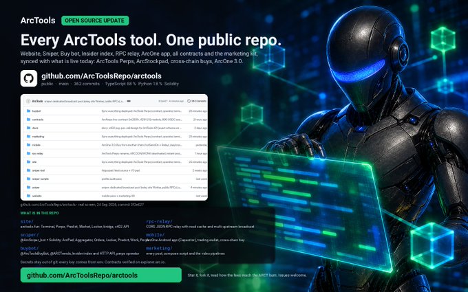 GitHub repository announcement for 'ArcTools' (github.com/ArcToolsRepo/arctools) describing itself as 'Every ArcTools tool. One public repo,' featuring an AI-suited figure at a glowing green holographic terminal.