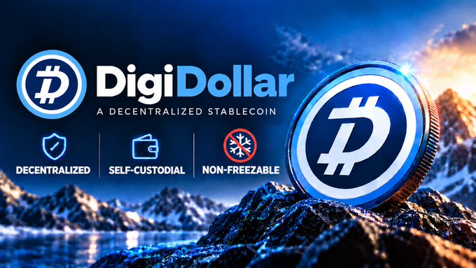 Promotional banner for DigiDollar ($DD), a decentralized stablecoin built on the DigiByte blockchain, featuring three key features: decentralized, self-custodial, and non-freezable, with a large coin emblem set against a mountainous background. The image visually reinforces the post's message by highlighting what sets DigiDollar apart from centralized stablecoins like USDT and USDC—namely, its decentralized, self-custodial, and non-freezable nature.