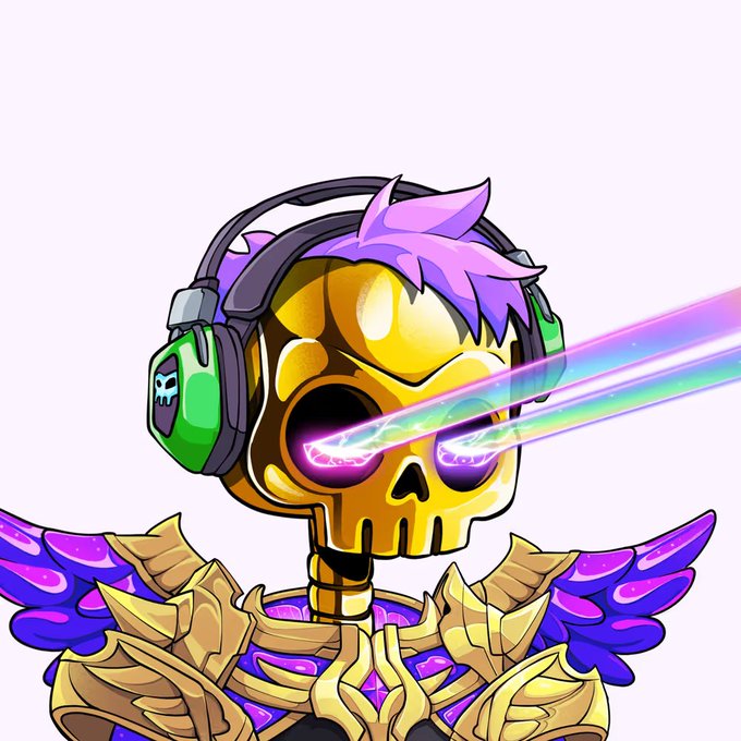 Stylized cartoon illustration of a golden skull character with purple hair, green gaming headset, glowing laser-beam eyes, and decorative gold and purple winged armor.