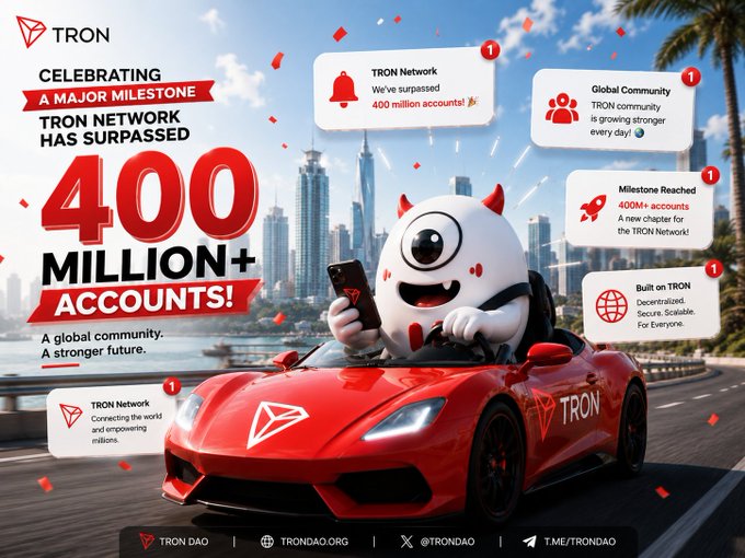 TRON celebrates surpassing 400 million accounts, highlighting its growing global community and a major milestone for the #TRON network. The promotional graphic features TRON’s mascot driving a red TRON-branded sports car and lists ecosystem accounts, community links, and TRON DAO social channels.