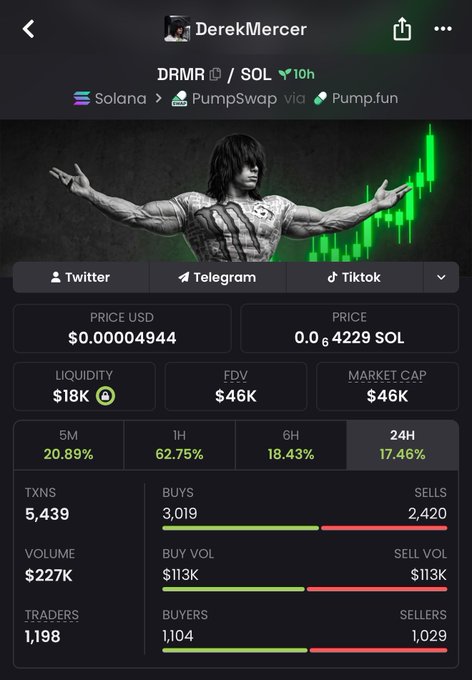 A cryptocurrency tracker showing the DRMR/SOL token on Solana via PumpSwap and Pump.fun, displaying a price of $0.00004944, market cap of $46K, and 5,439 transactions.