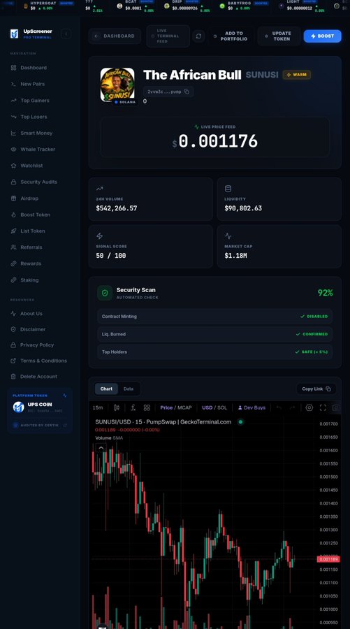 The image shows the "The African Bull" token (SUNUSI) tracked on Upscreener, displaying its live price, volume, liquidity, market cap, and security scan details. The Upscreener platform itself is visible on the left sidebar.