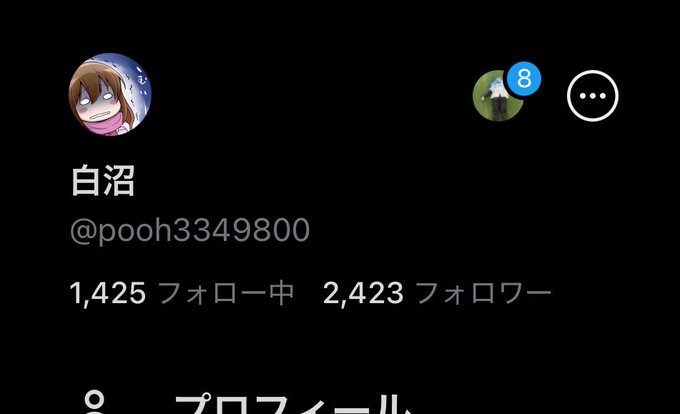 A Twitter profile page for user "白沼" (@pooh3349800) is shown in dark mode, displaying 1,425 following and 2,423 followers, with a profile picture of a sweating anime character. The accompanying post expresses a serious sense of crisis and warns that messages about Bitcoin investment will likely be posted soon, suggesting the account may be compromised or impersonating the user.