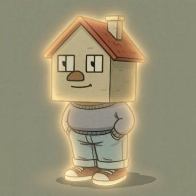 A cartoon character with a house for a head stands confidently with hands in pockets, glowing softly against a muted green background, fitting the chill, laid-back vibe suggested by the "gchill" post.