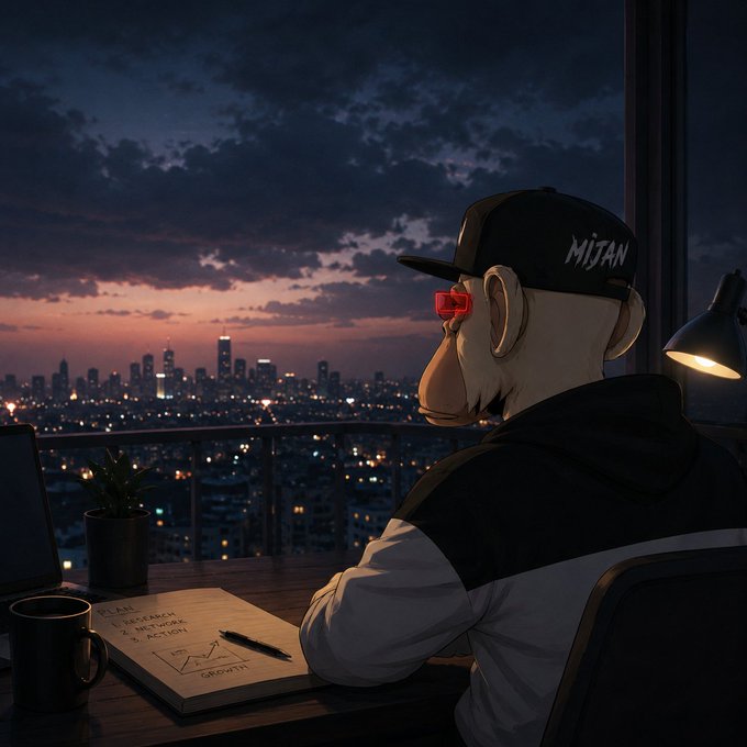 An anime-style illustration of a monkey character wearing a black cap that says 'MIJAN' and red glasses, sitting at a desk overlooking a city skyline at dusk with a notebook showing 'PLAN' and 'GROWTH'.