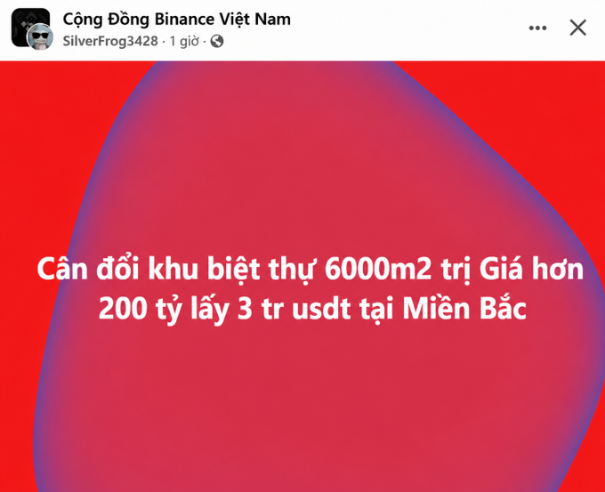 A Facebook post from 'Cộng Đồng Binance Việt Nam' (Binance Vietnam Community) by user SilverFrog3428 displays text on a red background reading 'Cần đổi khu biệt thự 6000m2 trị Giá hơn 200 tỷ lấy 3 tr usdt tại Miền Bắc' (Need to exchange a 6000m2 villa worth over 200 billion for 3 million USDT in the North).