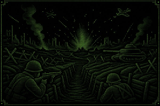 A pixelated ASCII art illustration in yellow-green dots on black, depicting a World War I or trench warfare scene with soldiers, helmets, a ruined landscape, distant cityscape, and military aircraft in the sky.