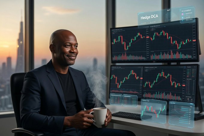 An AI-generated image of a smiling man in a suit holding a mug in an office, with multiple monitors displaying financial candlestick charts and floating data interfaces like 'Hedge DCA'.